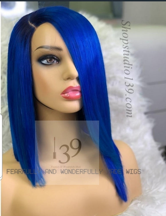 100% Human Hair Blue Bob wig with 13x6 free part