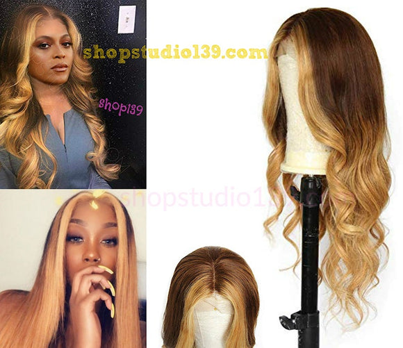Celebrity brown ombre 3 tone wavy lace front wig 150 Density 360 Brazilian remy Ombre Color With Blonde Hightlights Hair