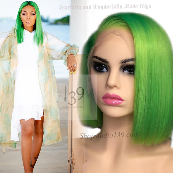 Celebrity inspired Green 100% human hair lace front Bob Wig