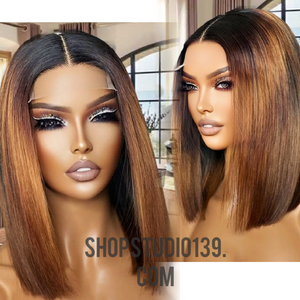 Ombre Reddish GingerBrown HD 13x4 Lace Frontal  Bone Straight Bob Wig