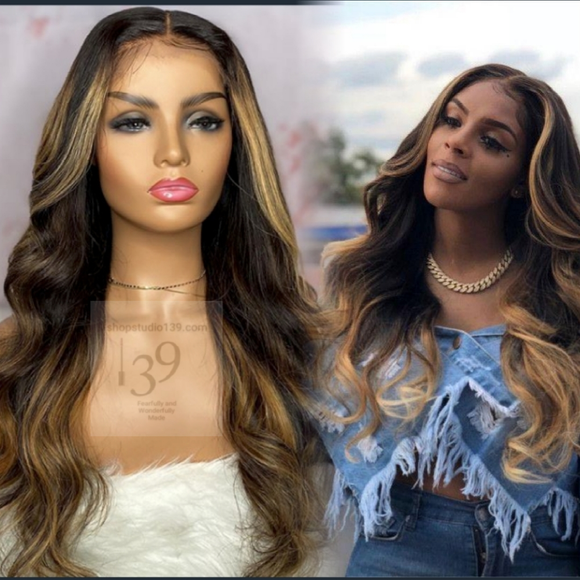 100% Human Hair Ombre Honey Blonde Lace Front Body Wave Wig with free parting space