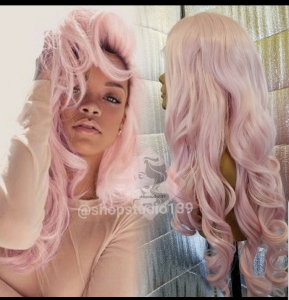 Pink free part  curly lace front wig