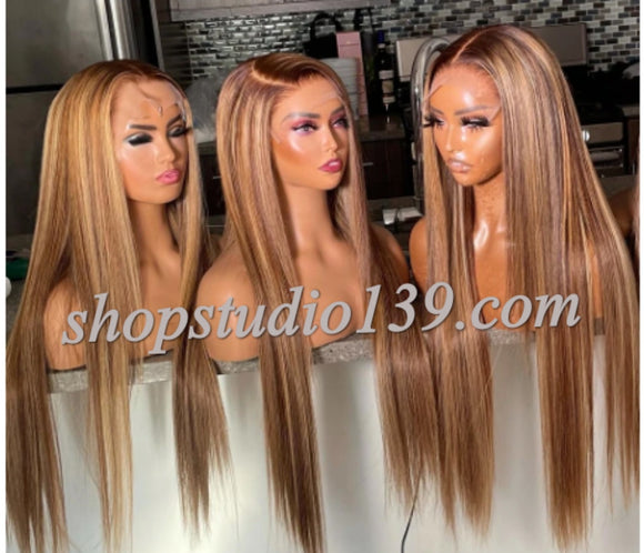 Highlighted  Honey Blonde Colored Straight 13x4 Lace Frontal Wig 180% Brazilian Human Hair