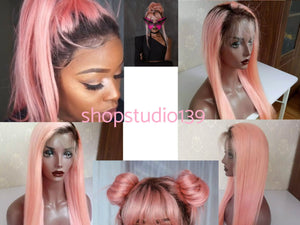 1b Pink Ombre Color Lace Front Human Hair Wigs Straight Black Root Pink Glueless