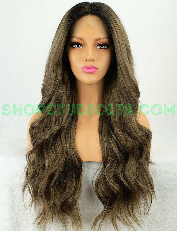 Celebrity style wavy Beautiful brown black root ombre wavy lace front wig with deep natural looking middle part adjustable