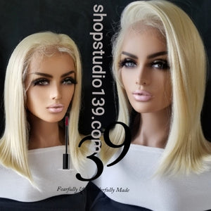 (Jaz) Sexy blonde free part human hair Bob with bangs wig